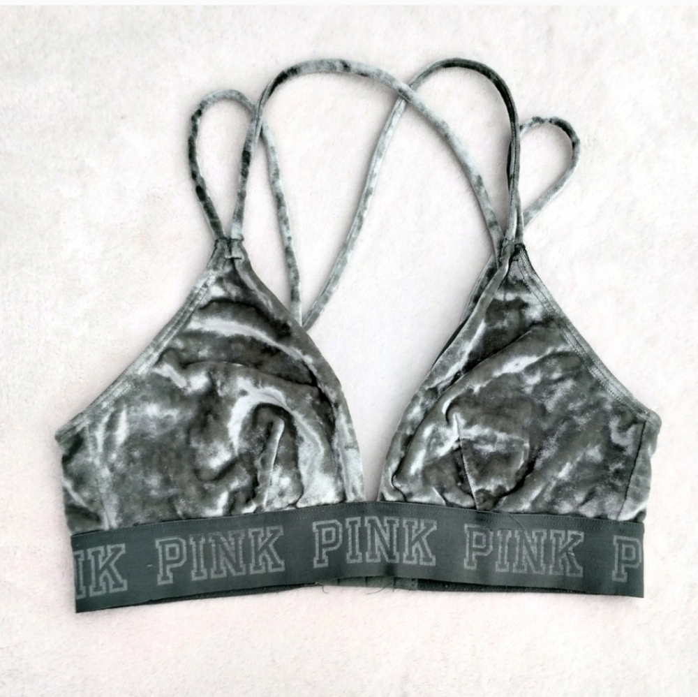 PINK Victoria's Secret Velvet Bralette in Green Velour Size Small Unpadded Strap